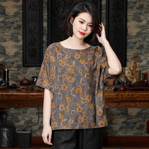 Real silk floro scents cloud yarn retro loose big code round collar blouse Summer Chinese mulberry silk half sleeve breathable new product