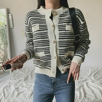 South Korea East Gate straight hair rico2 womens striped long sleeve knitted coat