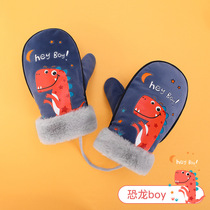Childrens gloves winter outdoor windproof plus velvet double layer warm lock temperature cute cartoon baby fluff neck gloves