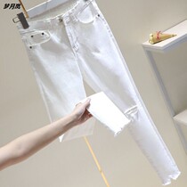 Spring Autumn Season Breaking Hole Black Beats Bottom Pants Women Pants Elastic Tight Outside Wearing White Color 90% Small Feet Pencil Denim Jeans