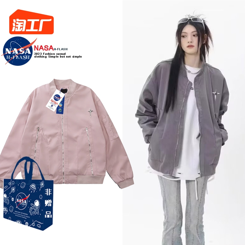 NASA Jointly Names Wide Matsuhara Overnight Baseball uniform Versatile Coat Trendy Brand American Retro Multi Zipper Work Jacket Women