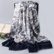 High end blue and white porcelain 100% cashmere scarf female autumn and winter 2021 New ring velvet mother gift shawl scarf