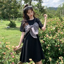 Pregnant womens summer clothes 2021 new pregnant womens skirts summer age-reducing design sense is thin mesh bow T-shirt dress