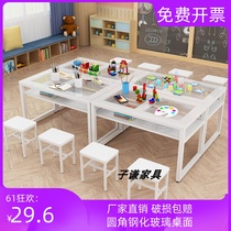 Kindergarten Primary School students double-layer hand art painting table rounded tempered glass table drawing room table and chair combination