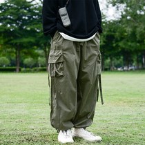 UNLOCKVIGOIR Japanese ribbon overalls mens drawstring leggings straight tube loose drop feel wide leg pants