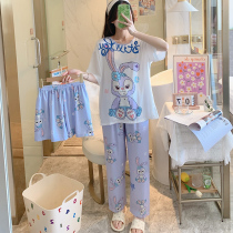 Summer short-sleeved pajamas 2021 new womens ice silk thin section spring and autumn trousers three-piece set of cute rabbit home clothes