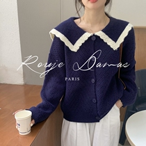 French Rouje Damas navy blue sweater female design sense niche retro Loose Doll collar knitted cardigan