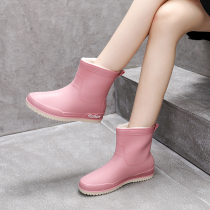 Rain shoes womens one velvet plus velvet thick rain boots rubber shoes fashion style outside kitchen waterproof shoes warm winter work