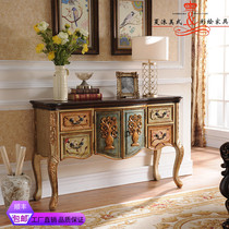 American Mediterranean style Retro solid wood painted entrance cabinet Entrance table Blue Brown wood gold dining side cabinet Decorative cabinet