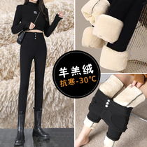 Lamb velvet leggings womens outer wear 2022 autumn and winter new style plus velvet thickened one-piece pants black high-waist warm cotton pants