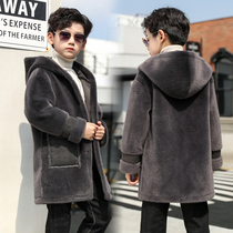 Boy mink velvet hooded jacket fur one autumn and winter 2021 new children boys long coat winter