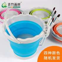 Green bamboo painting material folding silicone art wash pen holder bucket large gouache watercolor painting paint special bucket painter rubber plastic foldable telescopic multifunctional washing paint