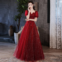 Toasting Bride 2021 New Winter Red Wedding Fairy High-end Light Luxury Winter Banquet Evening Dress Women