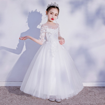 Girls Princess dress 2021 summer children high-end host dress female piano Autumn white gauze flower girl wedding dress