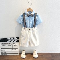 Boys  dresses Summer British style casual flower girl clothing striped bib three-piece childrens suit suit tide