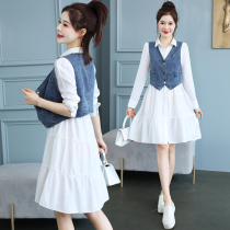Chiffon shirt dress denim vest two-piece womens summer clothes new fashion temperament elastic waist mid-length skirt