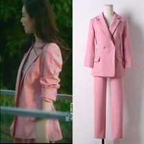Ni Ni Zhu lock lock the same clothes autumn and winter new temperament commuter pink small blazer suit pants tide