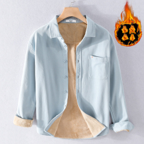 Autumn and winter plus velvet shirt men Korean trend thick warm coat cotton base long sleeve shirt casual coat