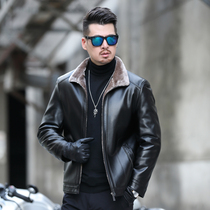 Leather and hair mens leather jacket Haining winter middle-aged plus velvet padded lamb wool collar sheepskin jacket