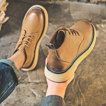 Mens Martin Boots Mens High Spring and Autumn Leather Thick-soled Joker Retro Mid-Help Workers Rhubarb Boots Mens Shoes Tide