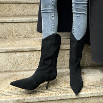 Tisdaini2021 autumn new high-heeled boots Western boots pointed thin heel boots children frosted middle tube nude boots