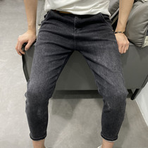 Tide brand fashion wild black gray jeans men micro-collapse slim foot pants Autumn New elastic comfortable ankle-length pants