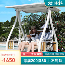 Outdoor Leisure swing outdoor courtyard aluminum alloy mesh red double rocking chair outdoor garden solar hanging chair with lamp