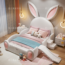 New pink rabbit bed cartoon childrens bed girl princess bed childrens leather solid wood Net Red single bed with guardrail