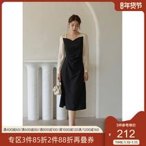 Single bunch size dress women autumn and winter 2021 New slim long sleeve square collar slightly fat mm retro dress mosaic long skirt