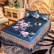 Ice silk cool mat bed dress with three sets of printing machine washable folding summer Eurostyle princess lace upscale soft mat