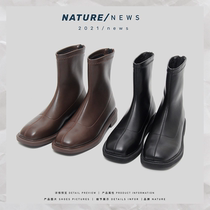 Natural Rolls Elastic Slim Boots Woman 2021 Winter new square head Han prints Naked Boots Spring Autumn Single Boots Lean short boots