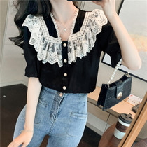 Ruffle short-sleeved chiffon shirt female niche summer 2021 new Korean version of high-end fashion western style lace top