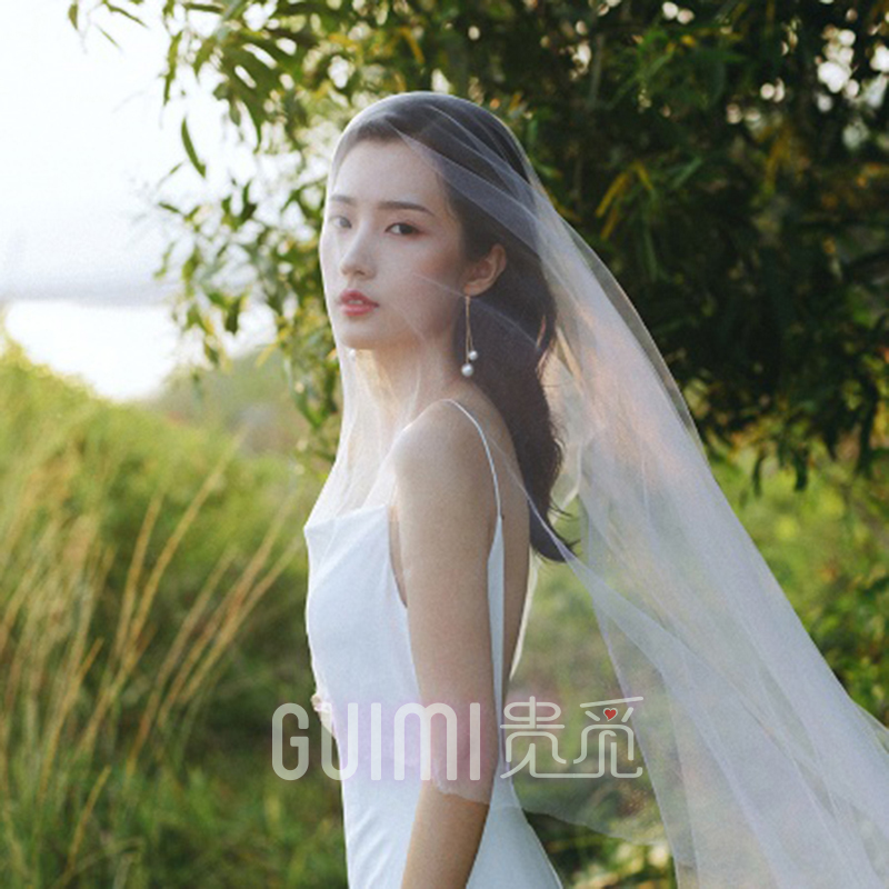 レトロ韓国写真撮影ベールロングエレガントなソフトガーゼ白結婚式の写真撮影単層花嫁ライトダンスベール