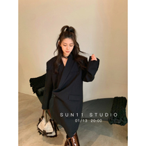 SUN11 Black Suit Jacket Women's Loose Design in Spring 2022 Long Small Suit Jacket