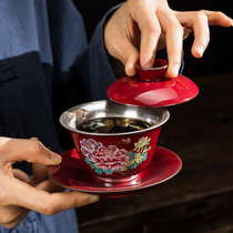 Handmade gilt silver ceramic cover bowl teacup large tea making bowl Kung Fu tea bowl set household gift gift box