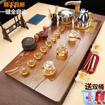 Rengu tea set Household glass solid wood tea tray Large tea table Tea sea one whole set of automatic induction cooker