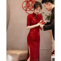 Cheongsam toast bride 2021 new burgundy dress can usually wear Chinese wedding evening dress women