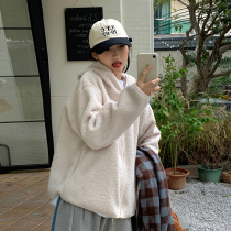 Solid color loose lamb velvet hooded coat female college style Joker short coat autumn and winter New 2021 sweater zipper