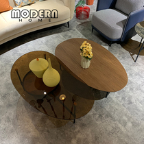 Modern minimalist walnut tempered glass oval coffee table combination small apartment simple ins coffee table set