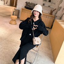 Five seasons home size fat sister mm black knitted hooded sweater early autumn bag hip half skirt celebrity cover meat suit female