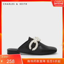 CHARLES & KEITH21 Autumn New CK1-70580160 Lady oil painting pearl ornaments square head Muller shoes