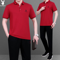 Flowers Playboy Ice Silk Cotton Short Sleeve Suit Mens Middle Age Big Code Dads Life Sports Suit Red Two Sets