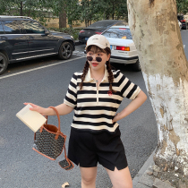 Masisi micro fat mm black and white striped short sleeve t-shirt female summer big code loose collar blouse polo shirt