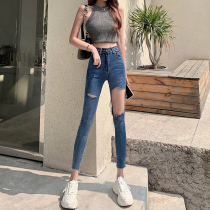 High waist big hole jeans womens summer thin section 2021 new thin stretch tight pants summer tide