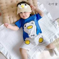 Short-sleeved cotton summer thin newborn baby conjoined clothes boys and girls 012-3 full moon 6 ha clothes climbing clothes