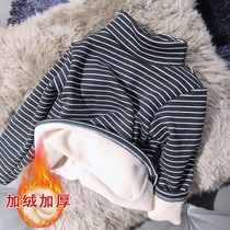 Boys and girls middle collar bottoming shirt plus velvet padded autumn and winter baby long sleeve T-shirt children's warm jacket semi-high collar
