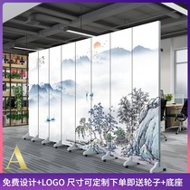 New Chinese Screen Partition Living Room Folding Mobile Office Meeting Room Simple Decoration Zen Landscape Folding Screen