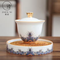 Zhen mud enamel color gold silk cover Bowl hand-painted gold white porcelain three talent Bowl home kung fu tea set tea maker tea bowl