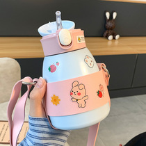 New big belly straw thermos cup student cute high-value water Cup children crossbody portable stainless steel cup