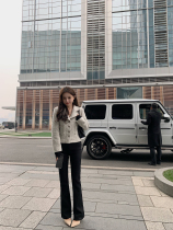 Good morning ju long leg black denim bell pants female Spring small man high waist slim straight pants